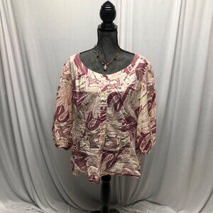 ANA Top Womens Size 1X Button Front Pink Cream Lightweight Cotton Balloon Sleeve